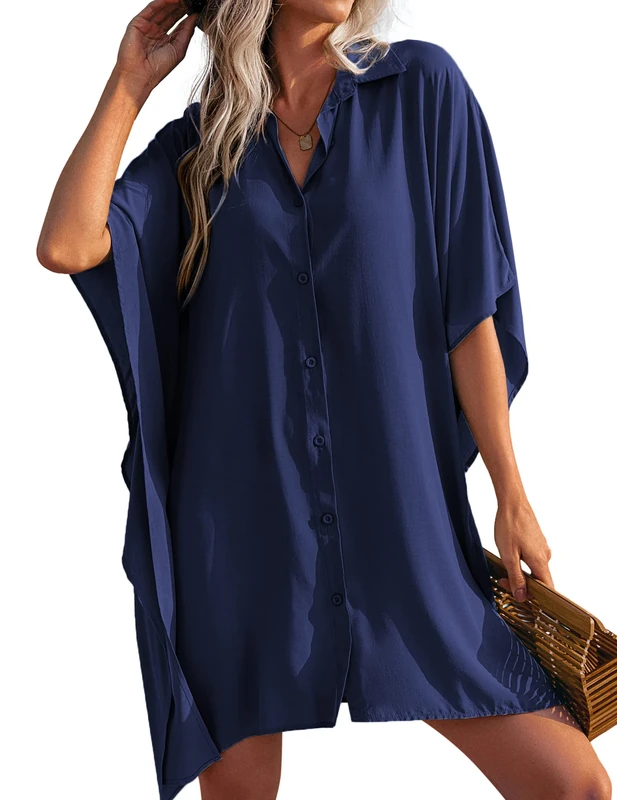 AI'MAGE Women Swimsuit Cover Up 3/4 Sleeve Beachwear Bikini Coverups Button Down Oversized Cover Up Shirt Navy Blue S
