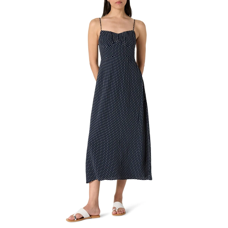 The Drop Linea Spaghetti Strap Maxi Dress with Front Slit, Navy Polka Dot, XXL