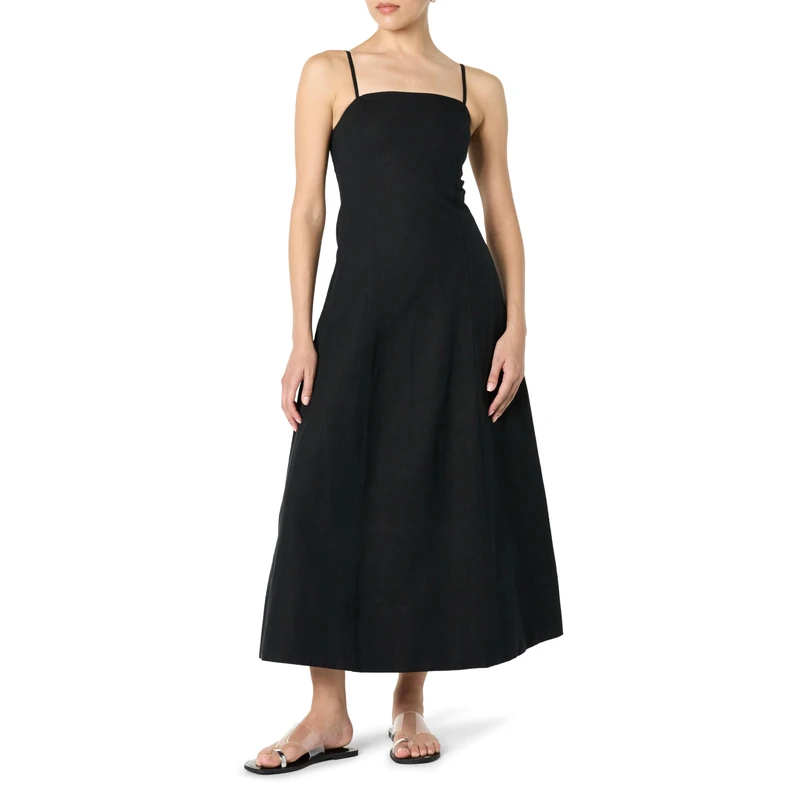 The Drop Daphne Square Neck Linen Maxi Dress, Black, XXS