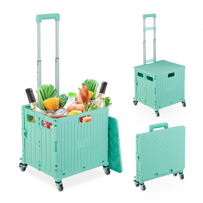 Relaxdays Foldable Shopping Trolley, Collapsible Basket on Wheels, 35 kg Capacity, Telescopic Handle, Mesh, Turquoise