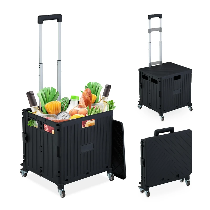 Relaxdays Foldable Shopping Trolley, Collapsible Basket on Wheels, 35 kg Capacity, Telescopic Handle, Mesh, Black, Iron, 100 x 44 x 39 cm