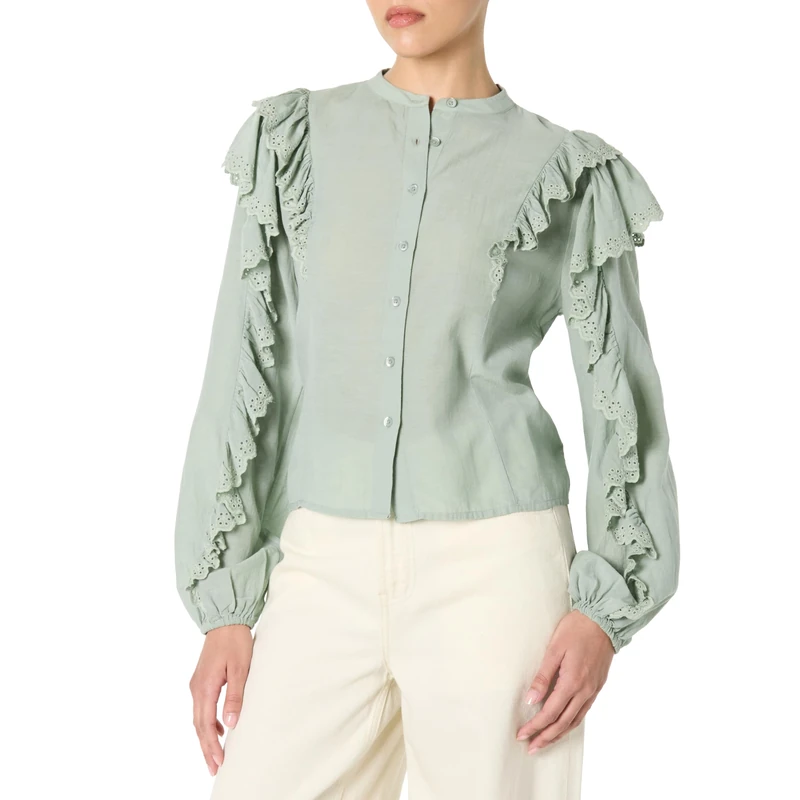 The Drop Women’s Arianna Dramatic Ruffle Sleeve Cotton Blouse, Iceberg Green, XXS