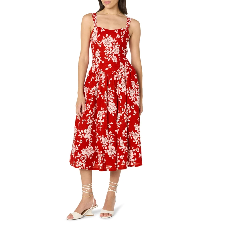 The Drop Women’s Balu Feminine Shaped Waist Midi Dress, Red Rose Floral, M