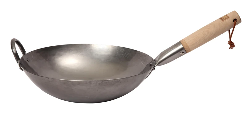 School of Wok - 12"/30cm Uncoated Carbon Steel Craft Wok, Flat Bottom, Beech Handle, for All Hobs, Serves 2-3 People
