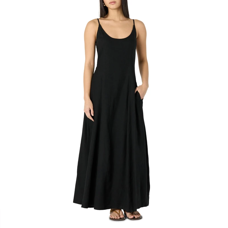 The Drop Women’s Luna Scoop Neck Linen Maxi Dress, Black, S