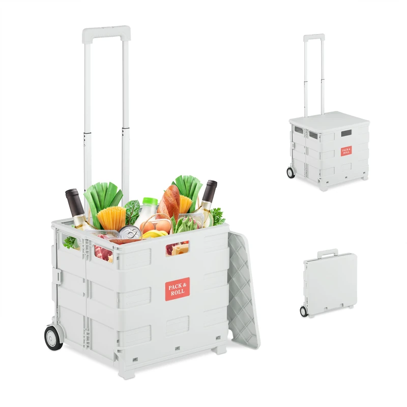 Relaxdays Shopping Trolley, Foldable, Basket with Wheels, Lid & Telescopic Handle, up to 35kg, Cart, Basket, White