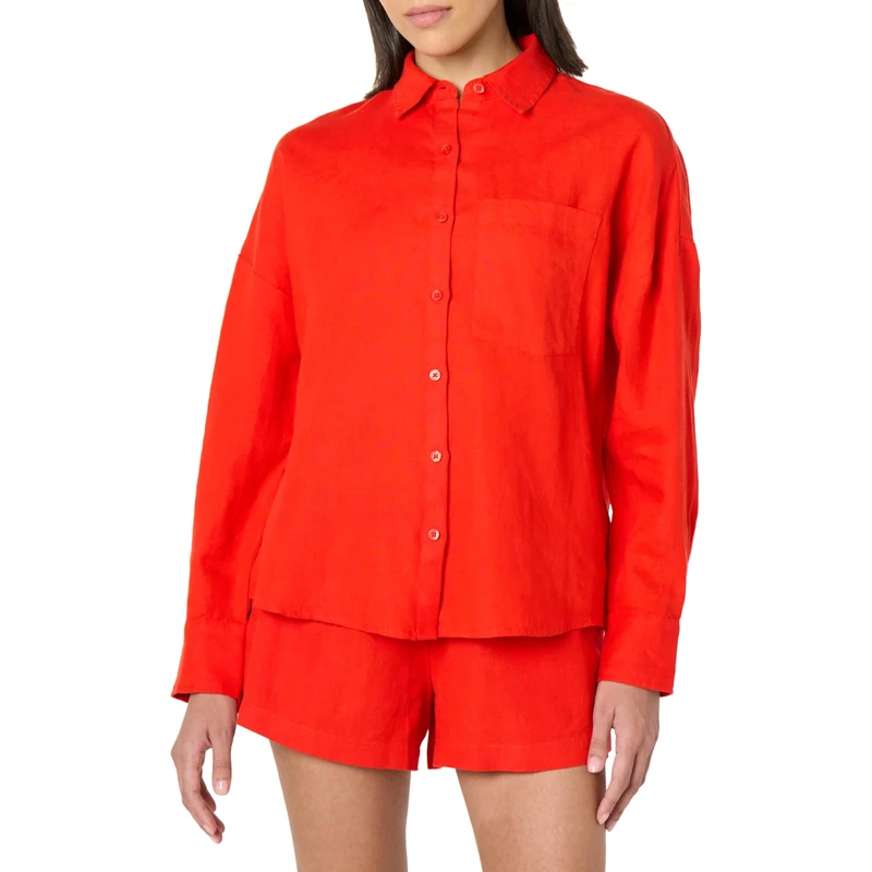 The Drop Avila Classic Linen Button Down Shirts, Flame Red, S