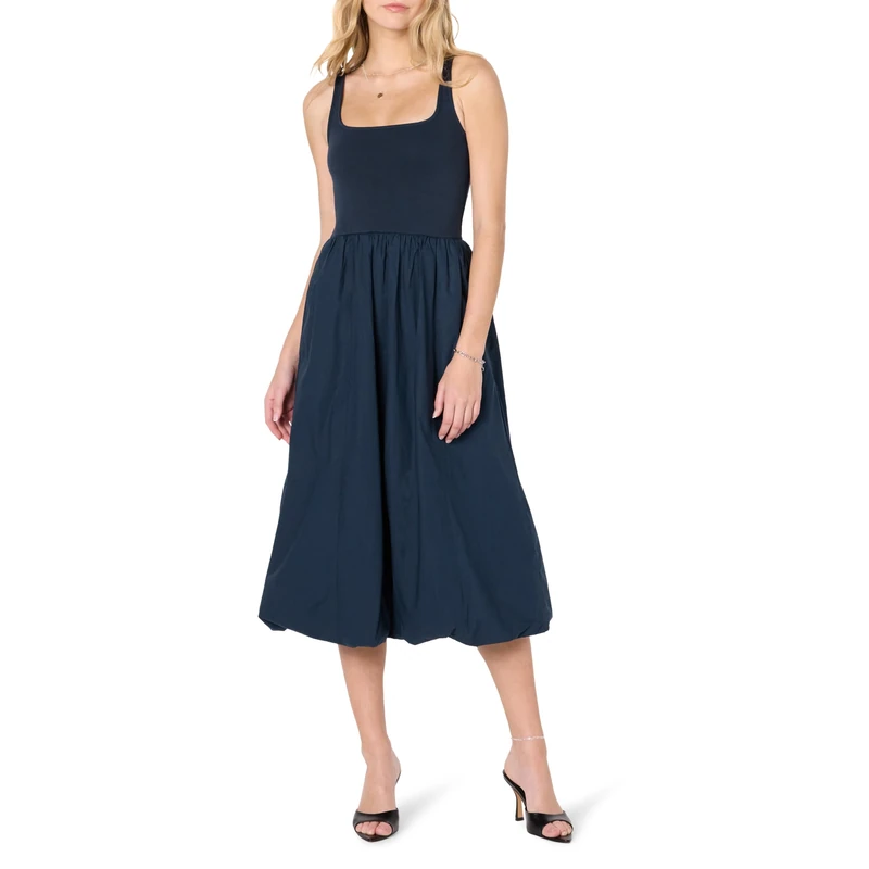 The Drop Women’s Tina Scoop Neck Mixed Media Bubble Hem Midi Dress, Maritime Navy, S