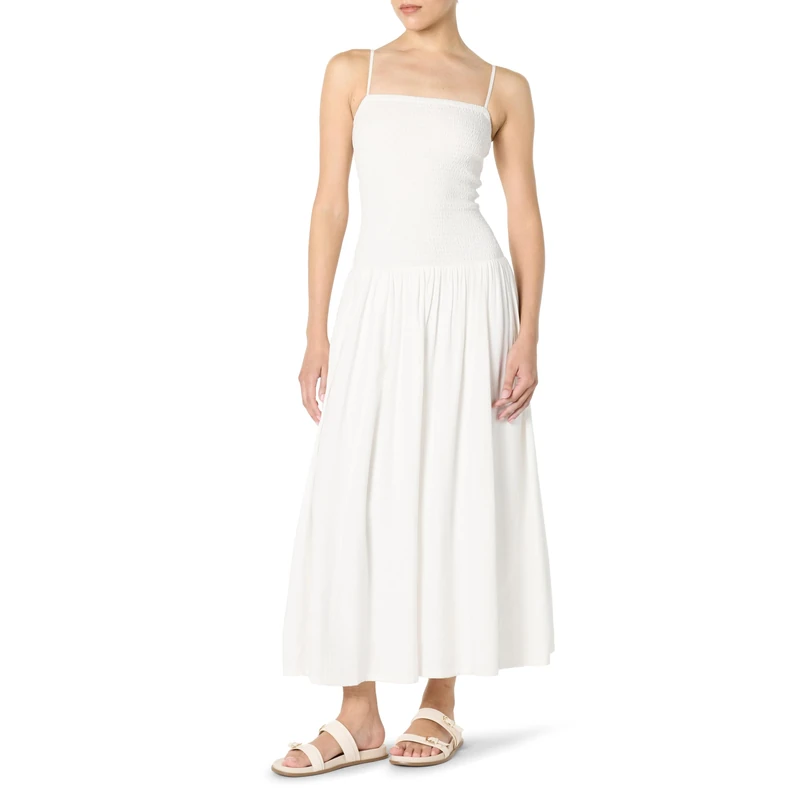 The Drop Florencia Smocked Bodice Linen Maxi Dress, White, L - Image 1