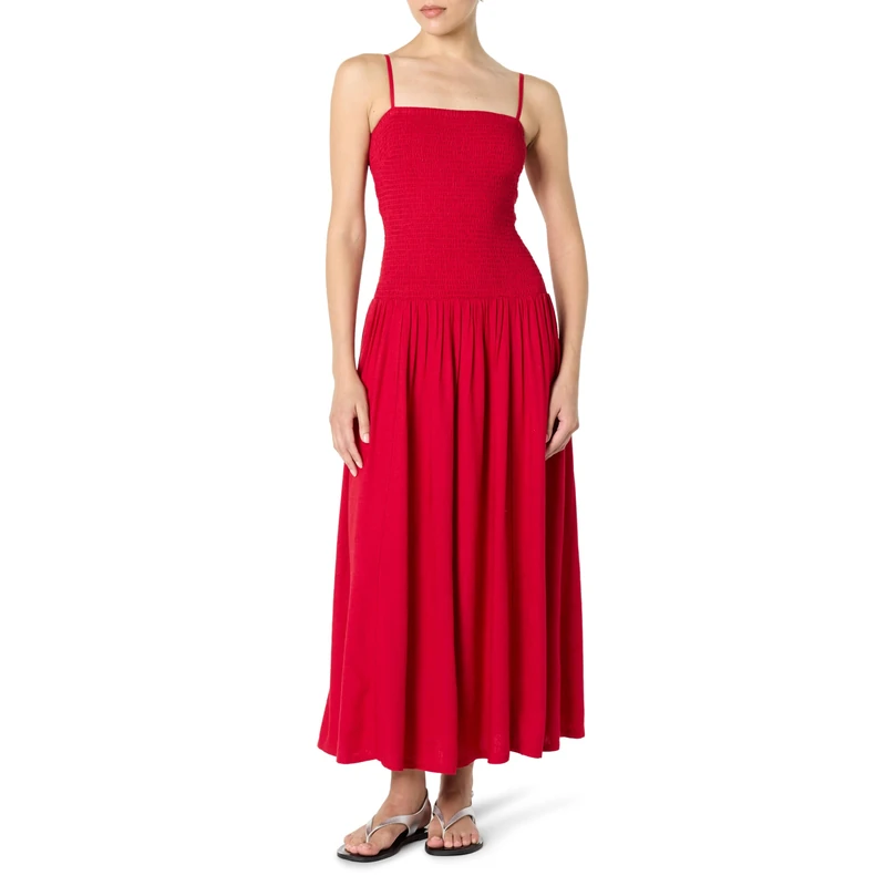 The Drop Florencia Smocked Bodice Linen Maxi Dress, Crimson, M