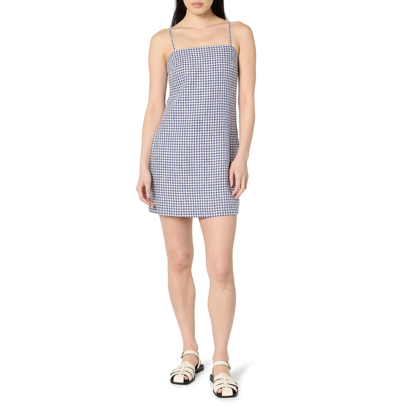 The Drop Seville Linen Mini Shift Dress, Skipper Blue Gingham, M