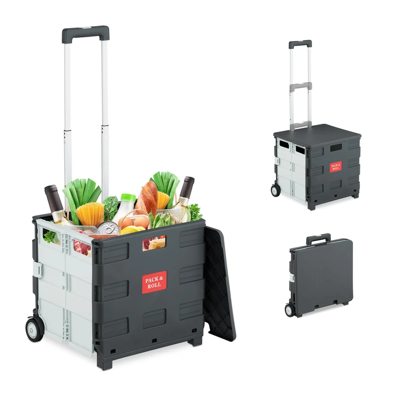 Relaxdays Shopping Trolley, Foldable, Wheels, Lid & Telescopic Handle, up to 35kg, Cart, Basket, White, 98 x 45 x 39 cm