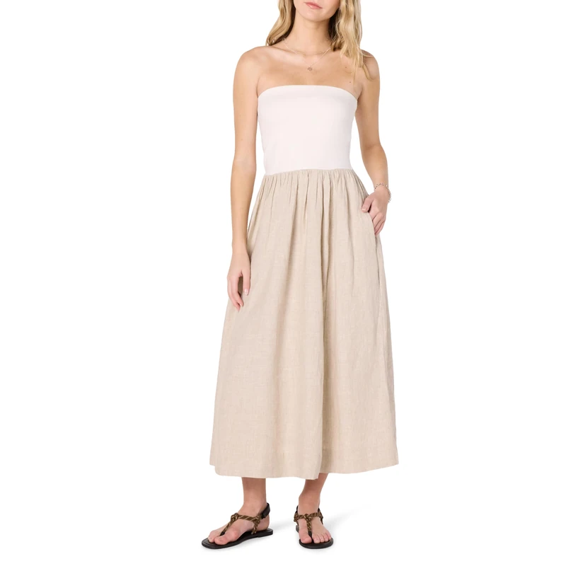 The Drop Hellen Strapless Mixed Media Maxi Dress, White/Natural Linen, L