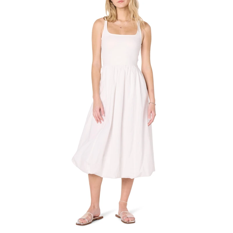 The Drop Tina Scoop Neck Mixed Media Bubble Hem Midi Dress, White, XXL