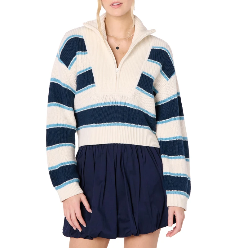 The Drop Russel Half Zip Sweater, Navy Stripe, L