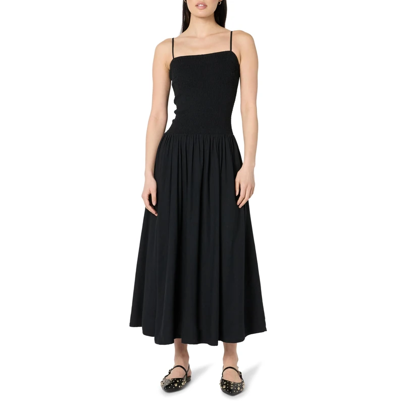 The Drop Florencia Smocked Bodice Linen Maxi Dress, Black, L