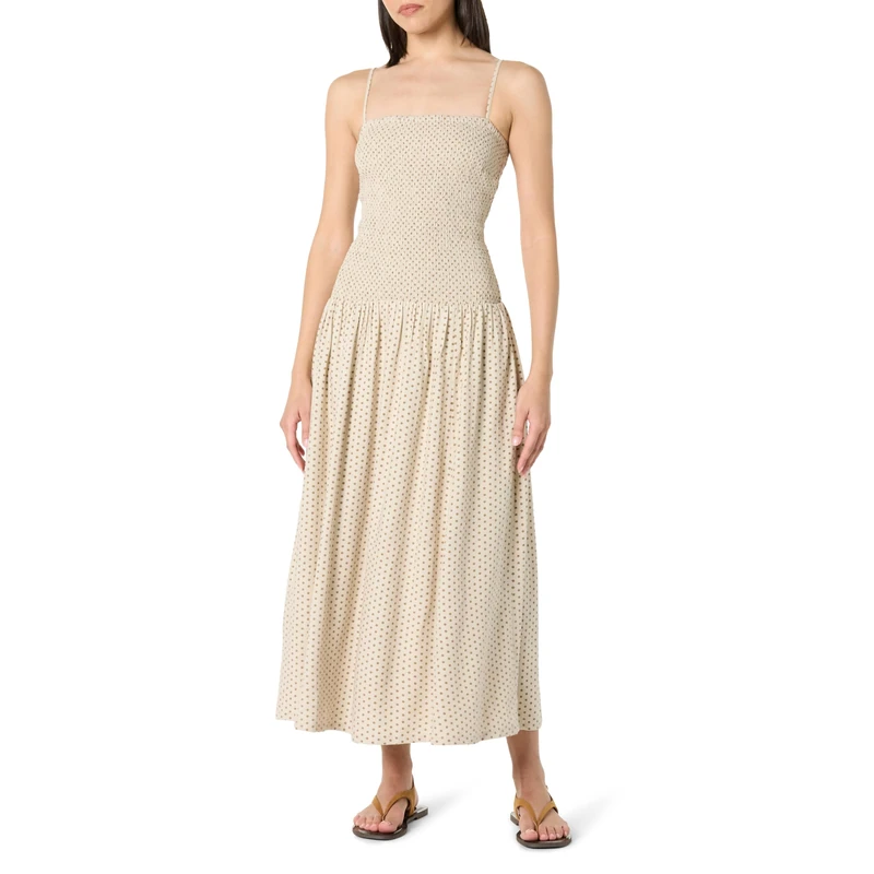 The Drop Florencia Smocked Bodice Linen Maxi Dress, Whisper White/Sepia Tint Polka Dot, S