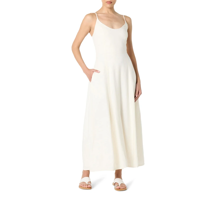 The Drop Women’s Luna Scoop Neck Linen Maxi Dress, Ivory, L
