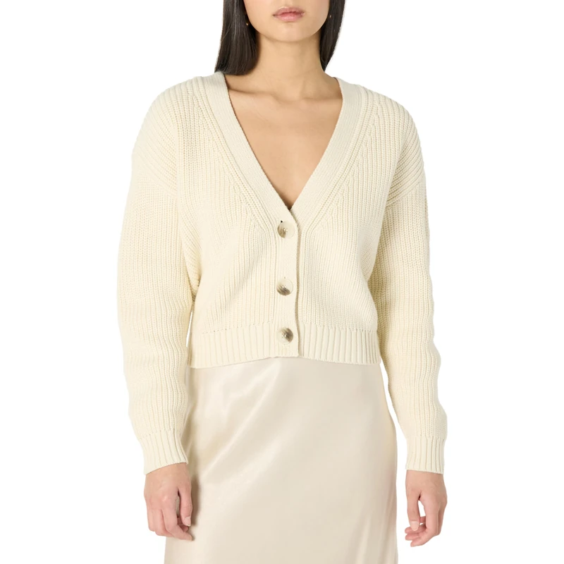 The Drop Sari Cropped Button-Front Cardigan, Whisper White, L - Image 1