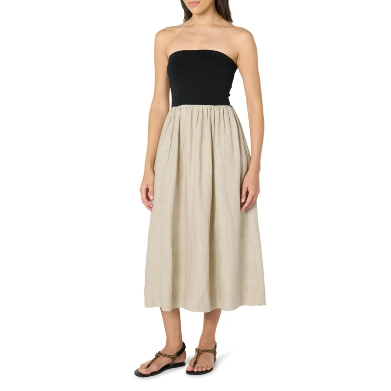 The Drop Hellen Strapless Mixed Media Maxi Dress, Black/Natural Linen, 3XL Plus