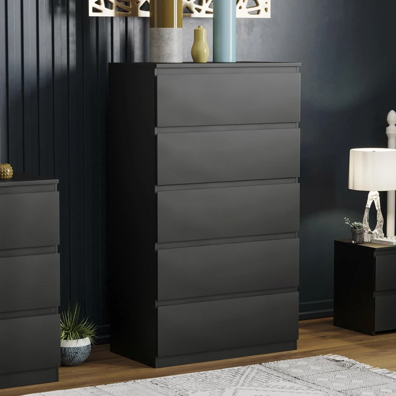 Vida Designs Black Chest of Drawers – 5 Drawer Modern Wooden Storage Unit for Bedroom or Living Room