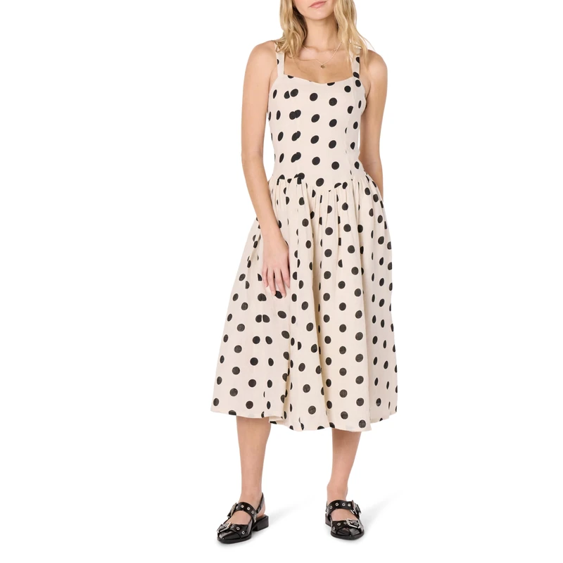 The Drop Women’s Balu Feminine Shaped Waist Midi Dress, Whisper White/Black Polka Dot, S