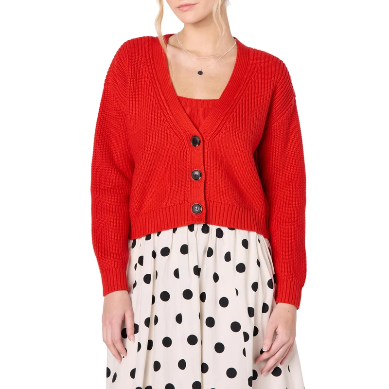 The Drop Sari Cropped Button-Front Cardigan, Flame Red, XXL Plus