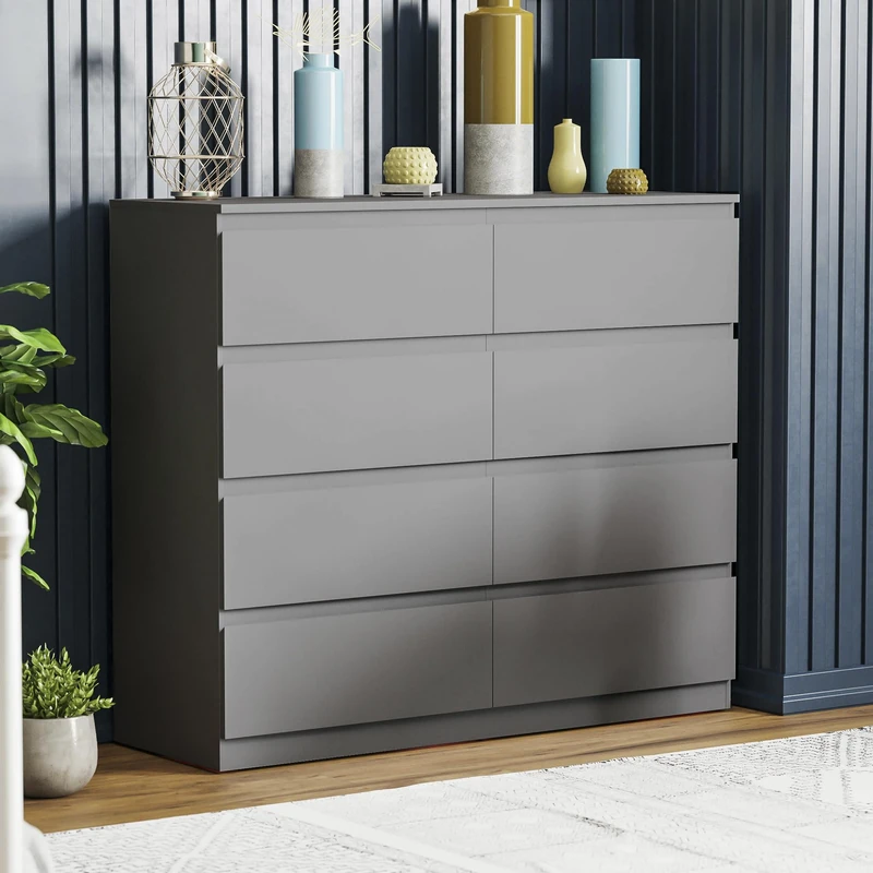 Vida Designs Grey Chest of Drawers – 8 Drawer Modern Wooden Storage Unit for Bedroom or Living Room