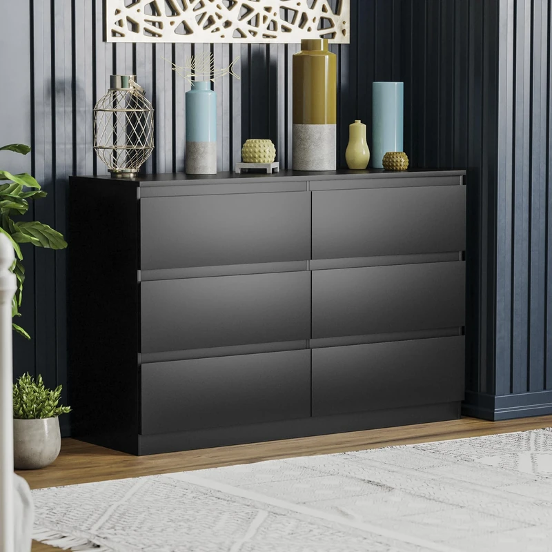 Vida Designs Black Chest of Drawers – 6 Drawer Modern Wooden Storage Unit for Bedroom or Living Room