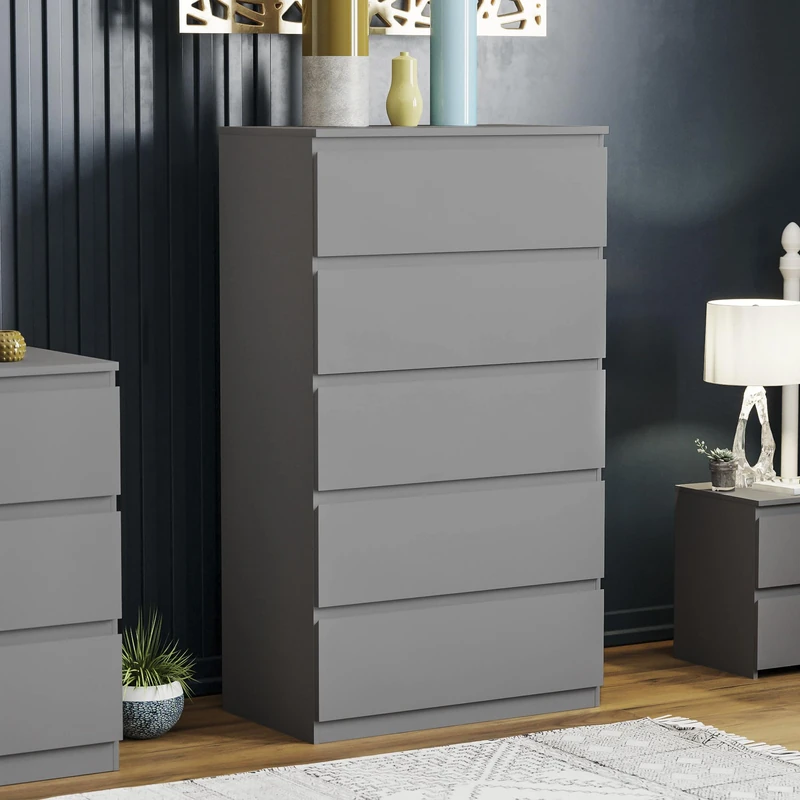 Vida Designs Grey Chest of Drawers – 5 Drawer Modern Wooden Storage Unit for Bedroom or Living Room
