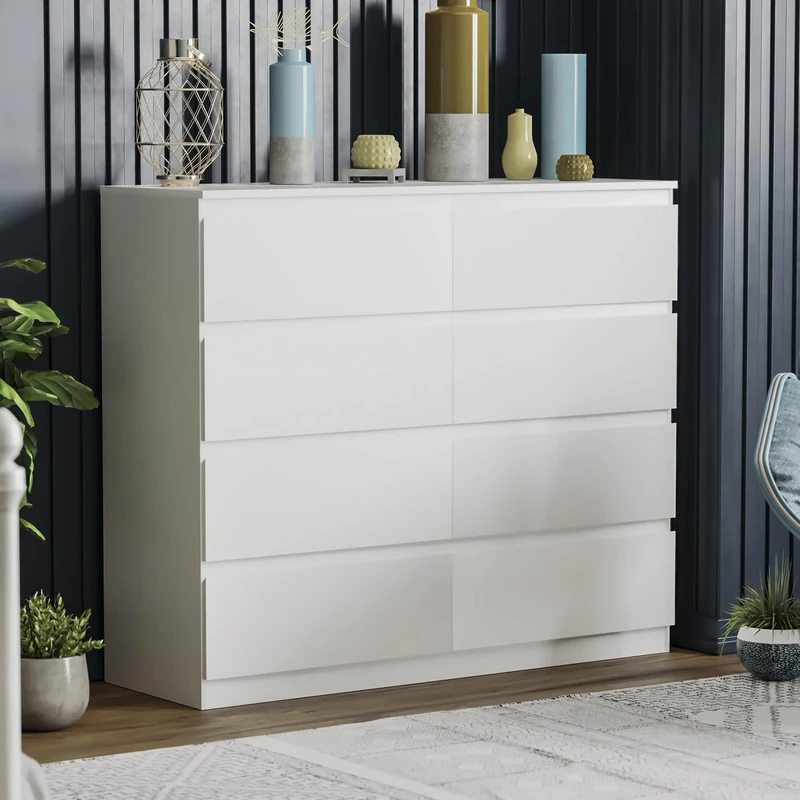 Vida Designs White Chest of Drawers – 8 Drawer Modern Wooden Storage Unit for Bedroom or Living Room