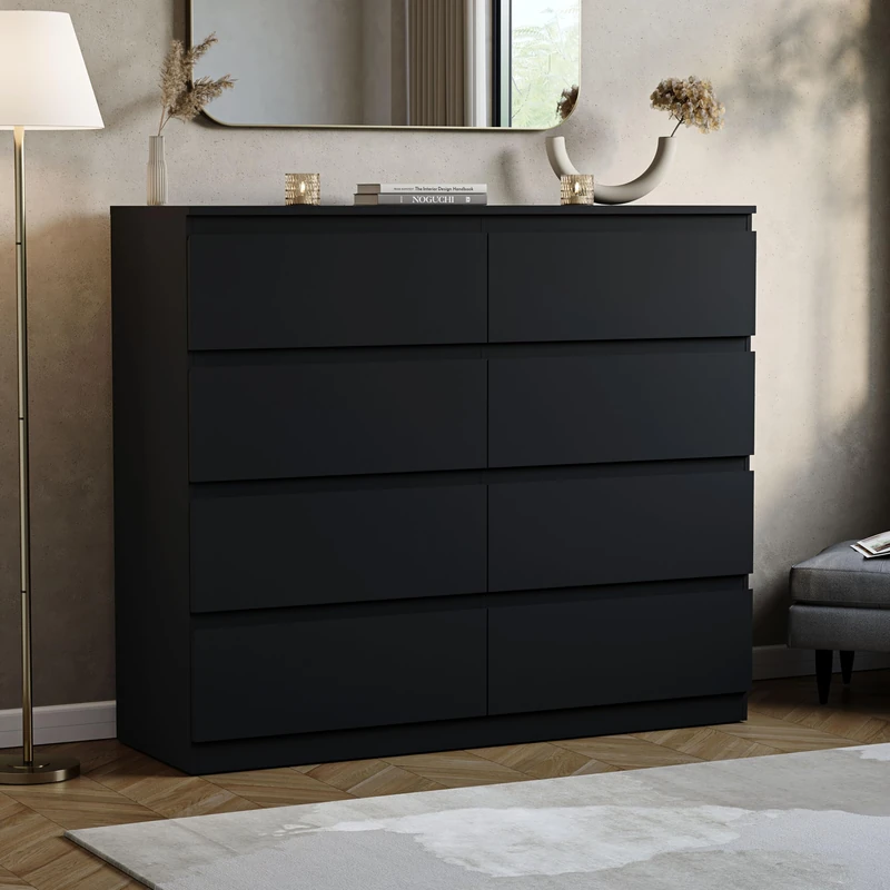 Vida Designs 8 Drawer Chest of Drawers | Black | Space-Saving Storage | 95.5H x 120W x 40D cm | Smooth Metal Runner | Engineered Wood | Modern Bedroom Chest of Drawers Unit - Image 1
