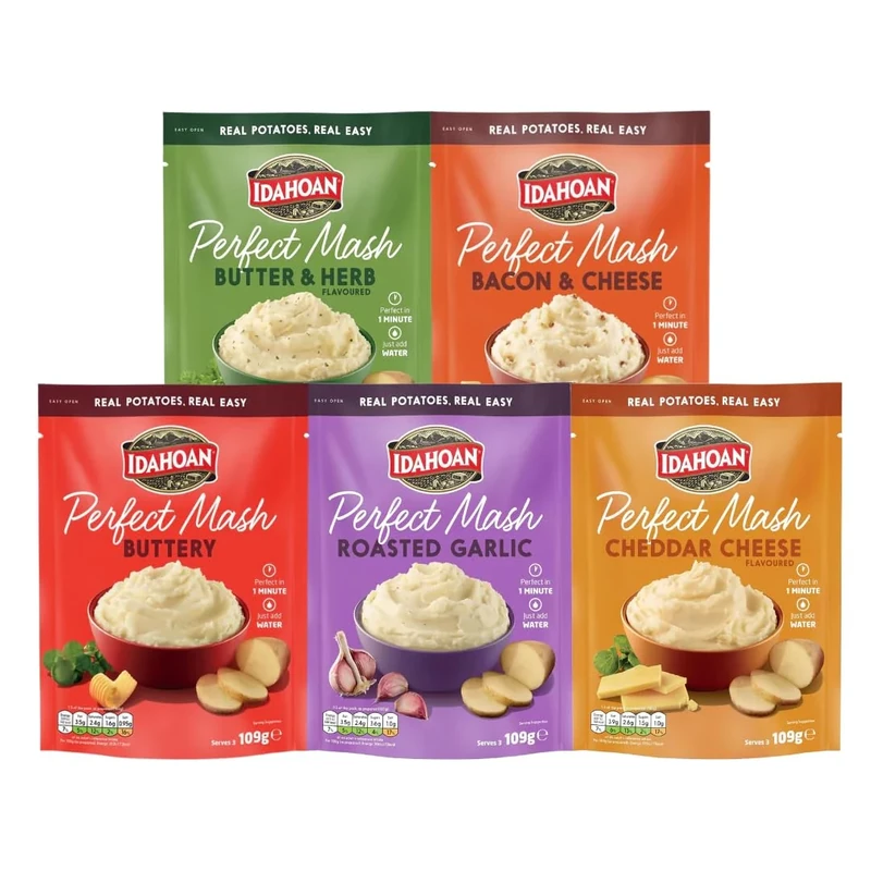 Idahoan Perfect Mash Potato Variety Pack of 5 x 109g - Instant Mashed Potato Butter & Herb, Buttery, Bacon & Cheese, Roasted Garlic, Cheddar Cheese Mashed Potaoes Cooks in 1 Minute Ready To Eat