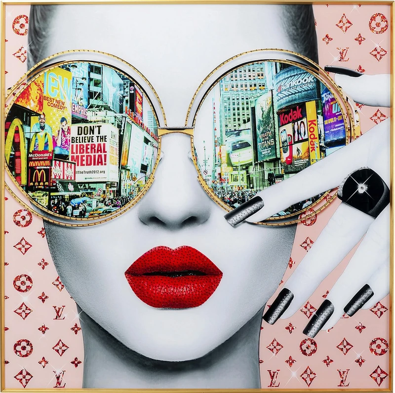 Kare Design Framed Picture Times Square View, Multicoloured, Square, Elegant Woman, Big, Glitter Wall Art, Modern Design, Decorative Home Accessories for Living Room, Bedroom, 120x120cm (HxW)
