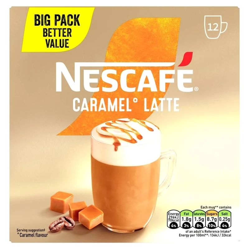 NESCAFÉ Latte Caramel Instant Gold Coffee 12 x 17g Sachets, 100 percent Responsibly Sourced Coffee (Pack of 1)