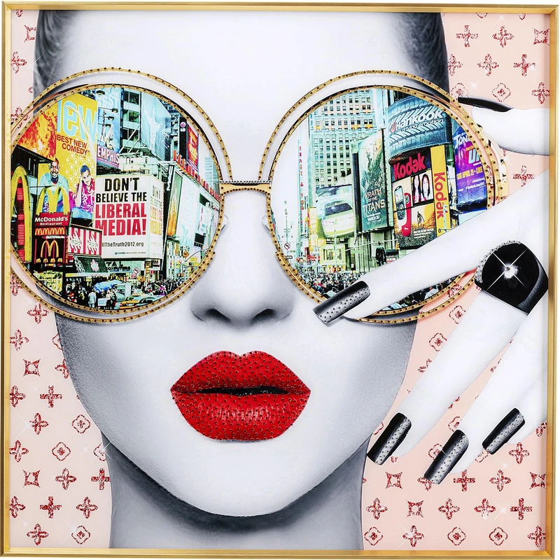 Kare Design Framed Picture Times Square View, Multicoloured, Square, Elegant Woman, Small, Glitter Wall Art, Modern Design, Decorative Home Accessories for Living Room, Bedroom, 80x80 cm (HxW) - Image 1