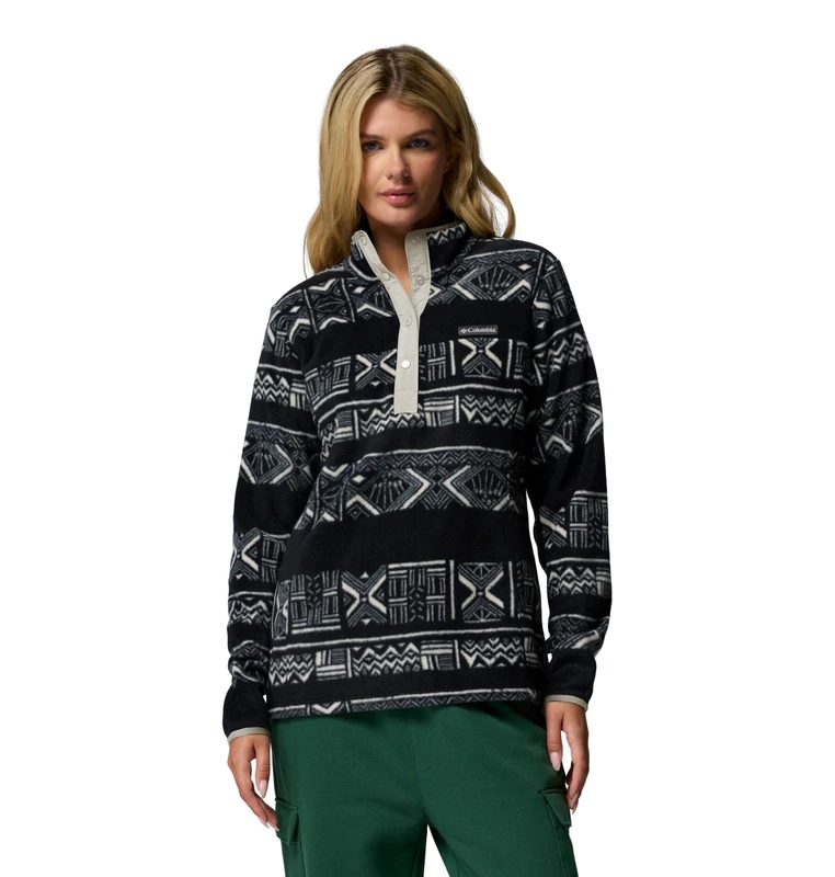 Columbia Women's Benton Springs Printed 1/2 Snap, Fleece Pull Over, Black Deschutes Days, Large