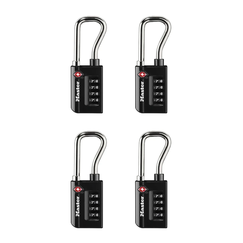 Master Lock Padlock, Set Your Own Combination TSA Accepted Luggage Lock, 1-5/16 in. Wide, Black, 4 pk, 4696EC4