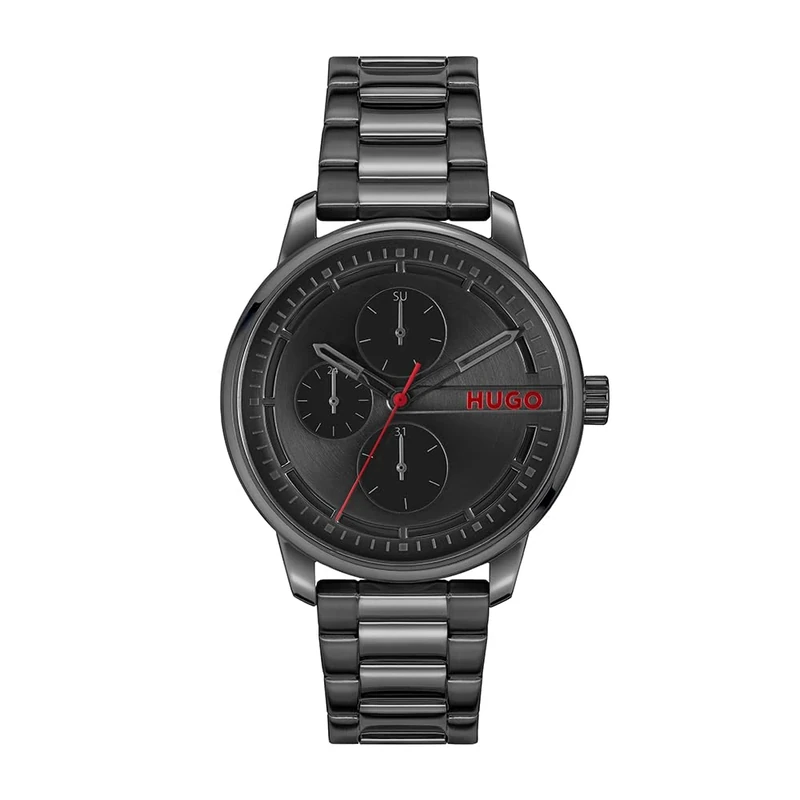 HUGO Analogue Multifunction Quartz Watch for Men #STAMP MULTI Collection with Leather Strap or Stainless Steel Bracelet,black