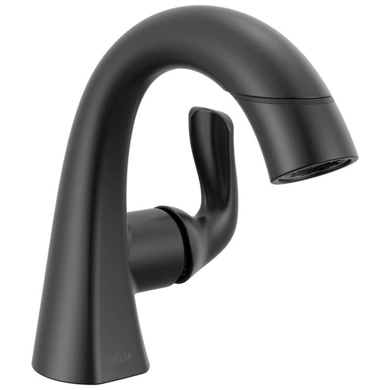 Delta Arvo 1 Hole Matte Black Bathroom Faucet with Sprayer, Single Hole Bathroom Sink Faucet with Pull Out Sprayer for Vanity, Push-Pop Drain, Matte Black 15840LF-BLPD