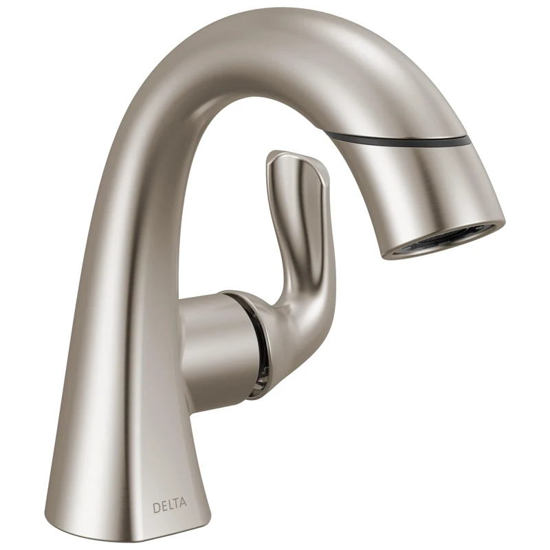 Delta Faucet Arvo Pull-Down Single Hole Bathroom Faucet, Brushed Nickel Bathroom Sink Faucet, Bathroom Faucet with Pull Out Sprayer, Single Handle Bathroom Faucet, SpotShield Nickel 115840LF-SPPD