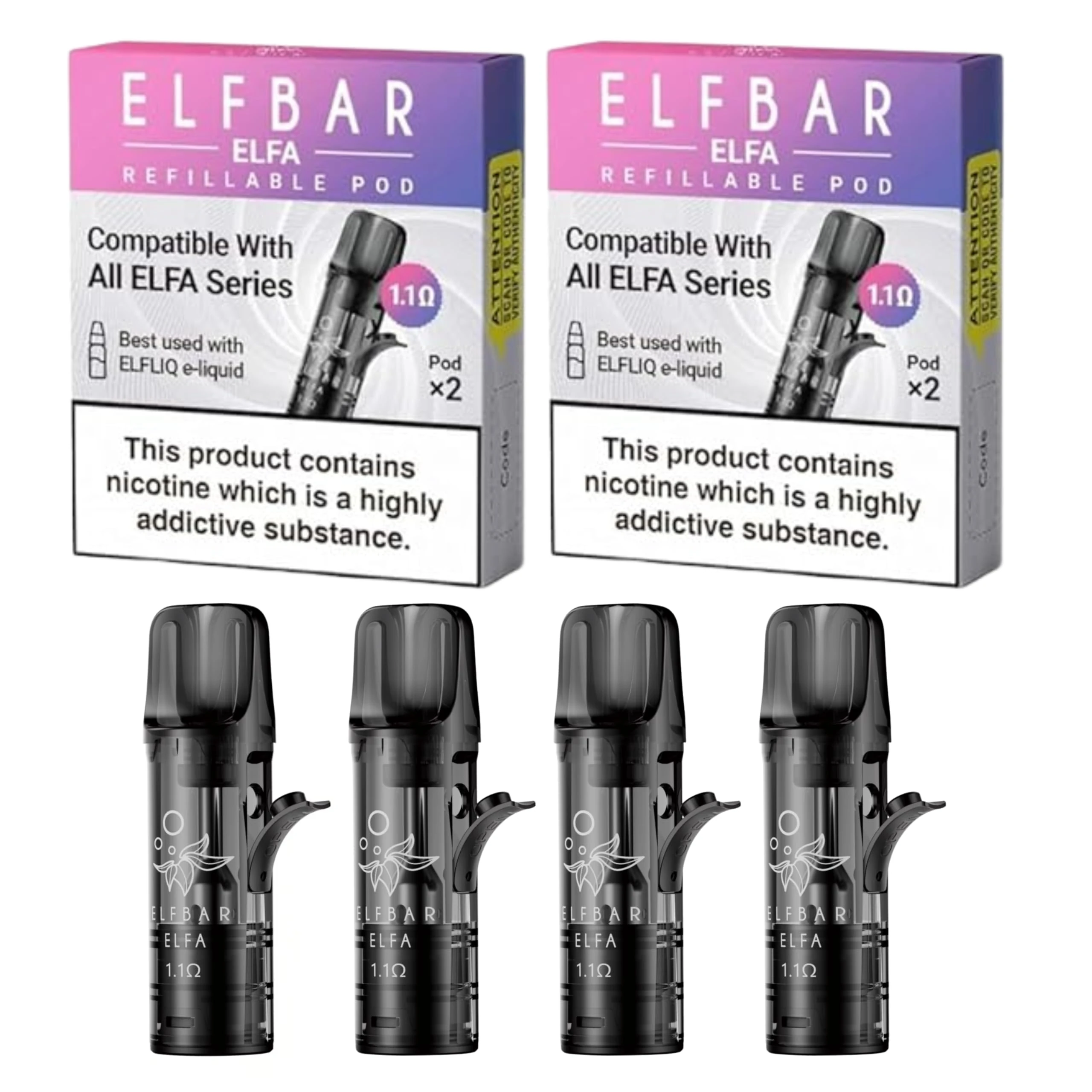 Elfbar Refillable Pods (1.1ohm) - For Elf Bar & Elfa Pods, Pro (2 Pack (4 Pods))