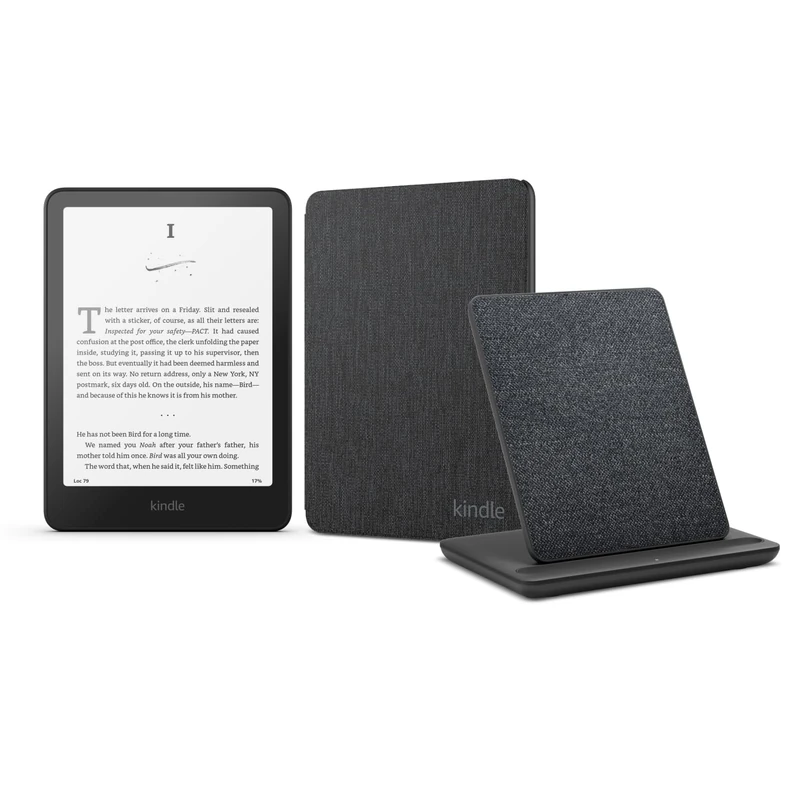 Kindle Colorsoft Signature Edition (32 GB) without ads, an Amazon Premium Leather Cover and a Made for Amazon Wireless Charging Dock