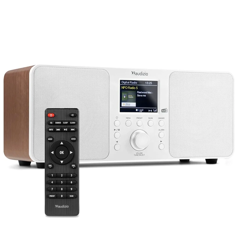 Audizio Genua DAB Stereo Radio with Bluetooth, 50W Stereo Speakers, FM Radio, Dual Alarm, DAB+, 30 Presets, Digital Display, USB Playback, Aux Input & Remote Control - White