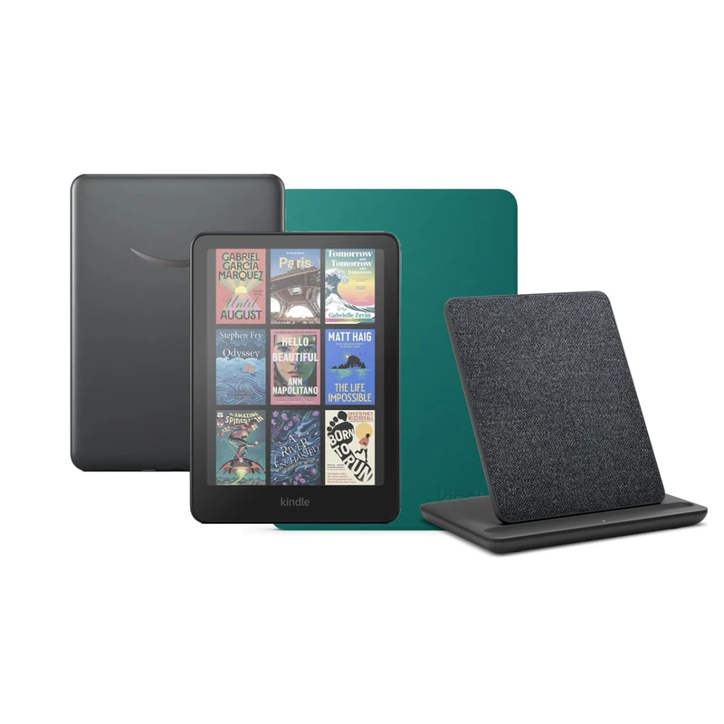 Kindle Colorsoft Signature Edition (32 GB) without ads, an Amazon Plant Based Cover and a Made for Amazon Wireless Charging Dock