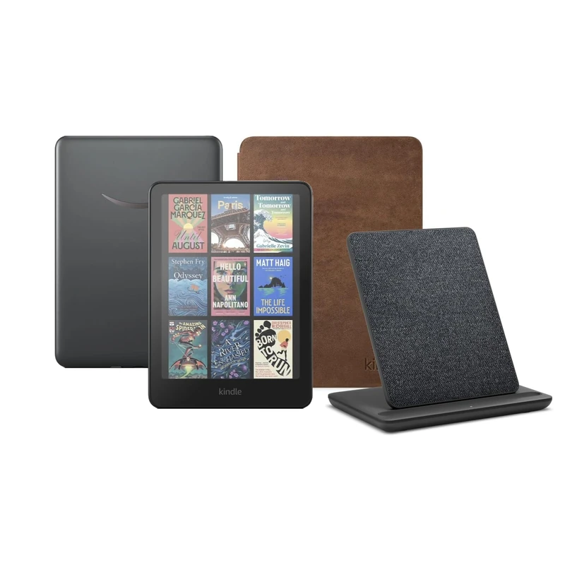 Kindle Colorsoft Signature Edition (32 GB) without ads, an Amazon Premium Leather Cover and a Made for Amazon Wireless Charging Dock