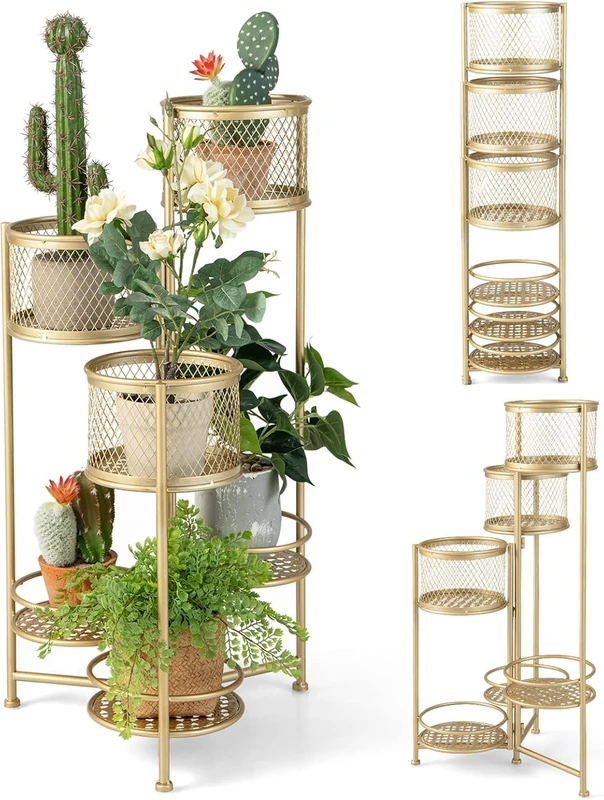 FANTASK Golden Rotating Plant Stand Metal 6 Tier Flower Stairs for Potted Plants Flower Pot Holder Ladder Shape - Image 1