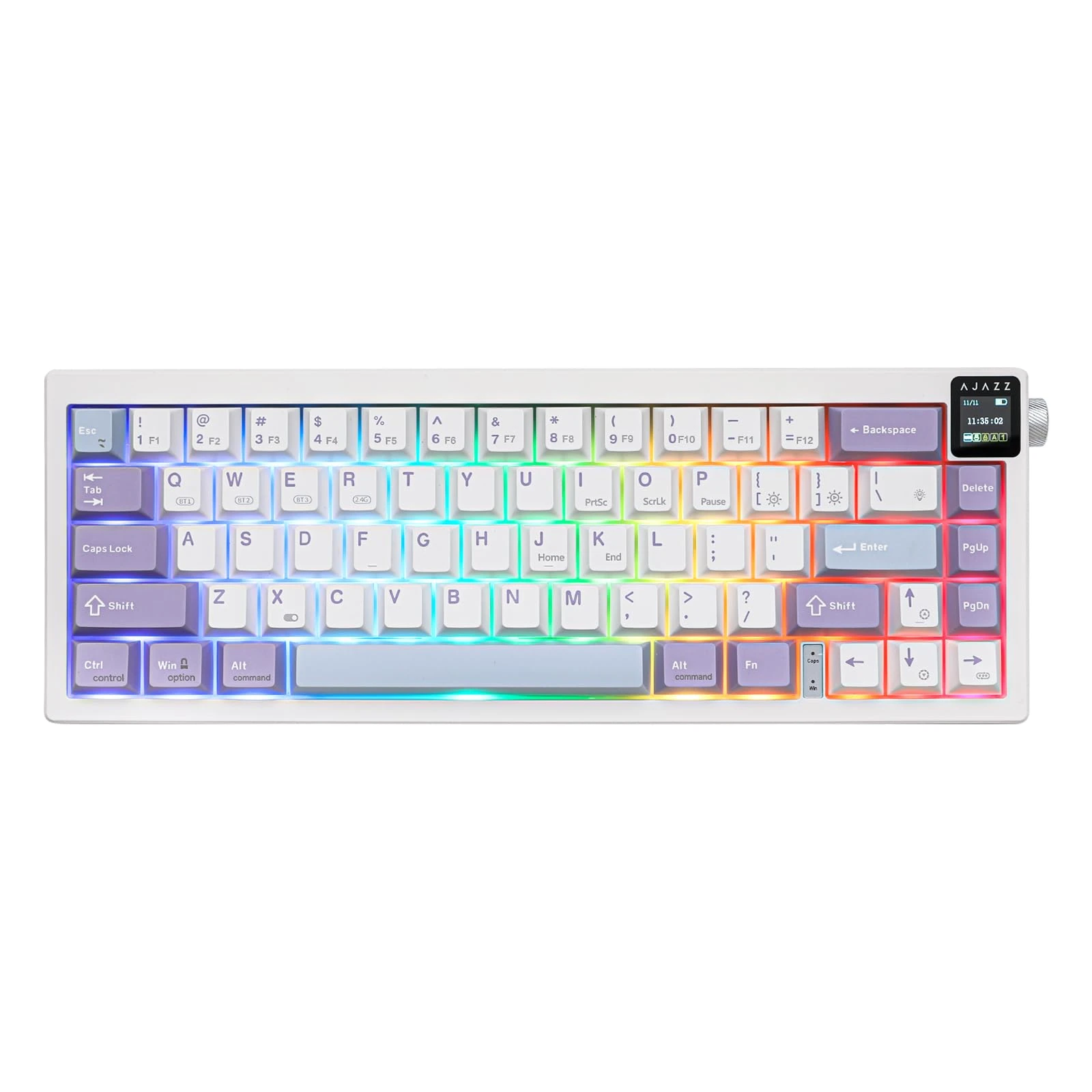 MechLands AK650 65% Gasket Mechanical Keyboard, 3 Modes Wireless Gaming Keyboard with 0.85'' TFT Screen & Knob, Hot Swappable, 5000 mAh Battery, Flex-Cut Plate & PCB, RGB (White Purple)