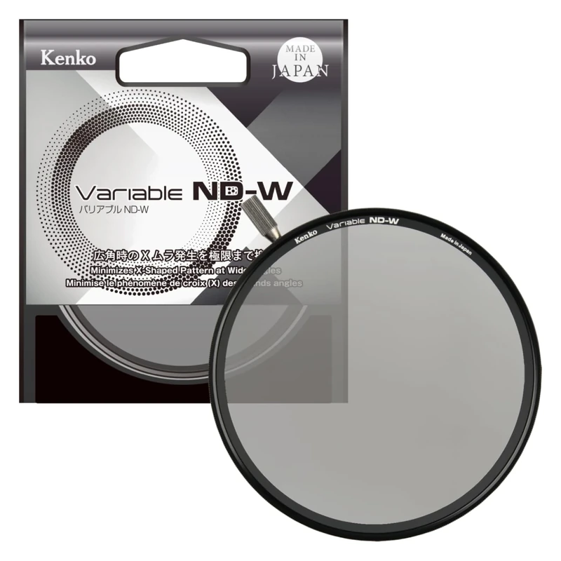 Kenko ND Filter Variable ND-W φ77mm, ND2.5-ND128, for Wide Angle Lenses, No X-Shaped Pattern, High Color reproducibility, with Adjustment knob, Made in Japan, 377062