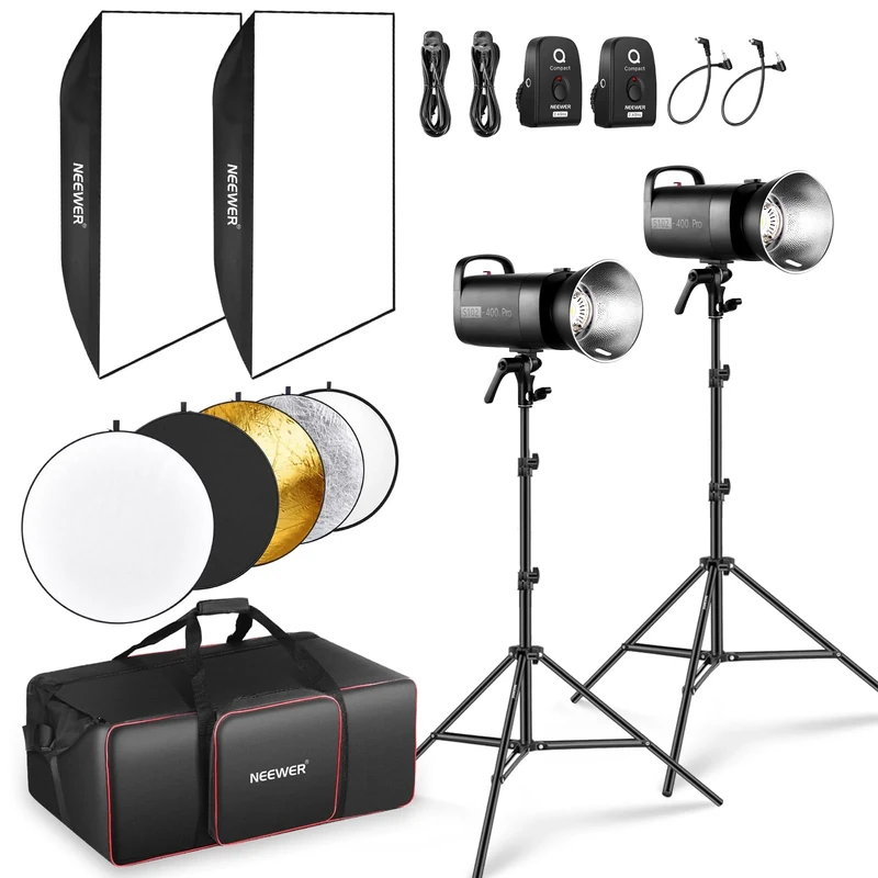 Neewer S102-400W PRO Flash Lighting Kit (2 Pack) with 2x 2.4G Trigger, 2x Photography Light Stand, 2x Softbox, 5 in 1 Reflector, Bag, 400Ws GN62 5600K 30W LED Modeling Lamp Bowens Mount Silent Fan